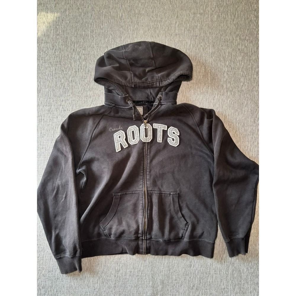 Roots 73 Athletics Full Zip Hoodie Black Faded Chenille Logo Canada Mens XL